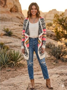 Kate Collection Neon Aztec M Waterfall BOHO Cardigan Sweater